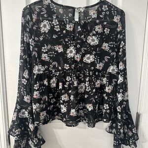 Aeropostale Black Floral Blouse with Flared Sleeves